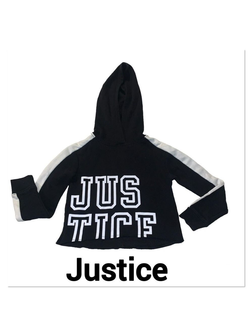 JUSTICE Black & White Logo Cropped Hoodie size 7